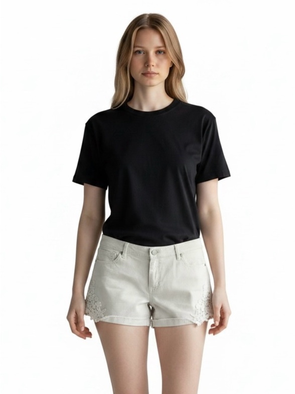 White Jean Shorts with Lace Detail